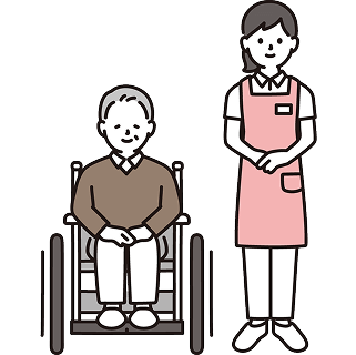 車いすの人の横に立つ女性スタッフのイラスト